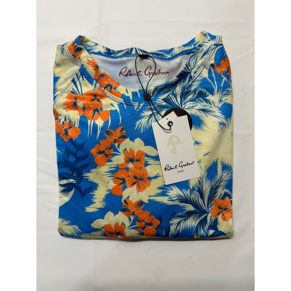 Robert Graham Mens Tropical Forest Azure Blue UPF 50+ Rash Guard Shirt XL New